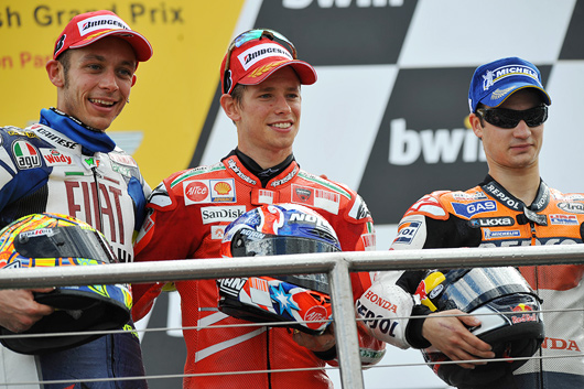 Donnington Podium, Casey Stoner, Valentino Rossi, Dani Pedrosa