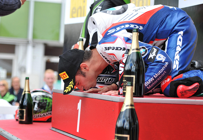 Lorenzo Marco Melandri Kisses Podium at Brno World Superbike photo